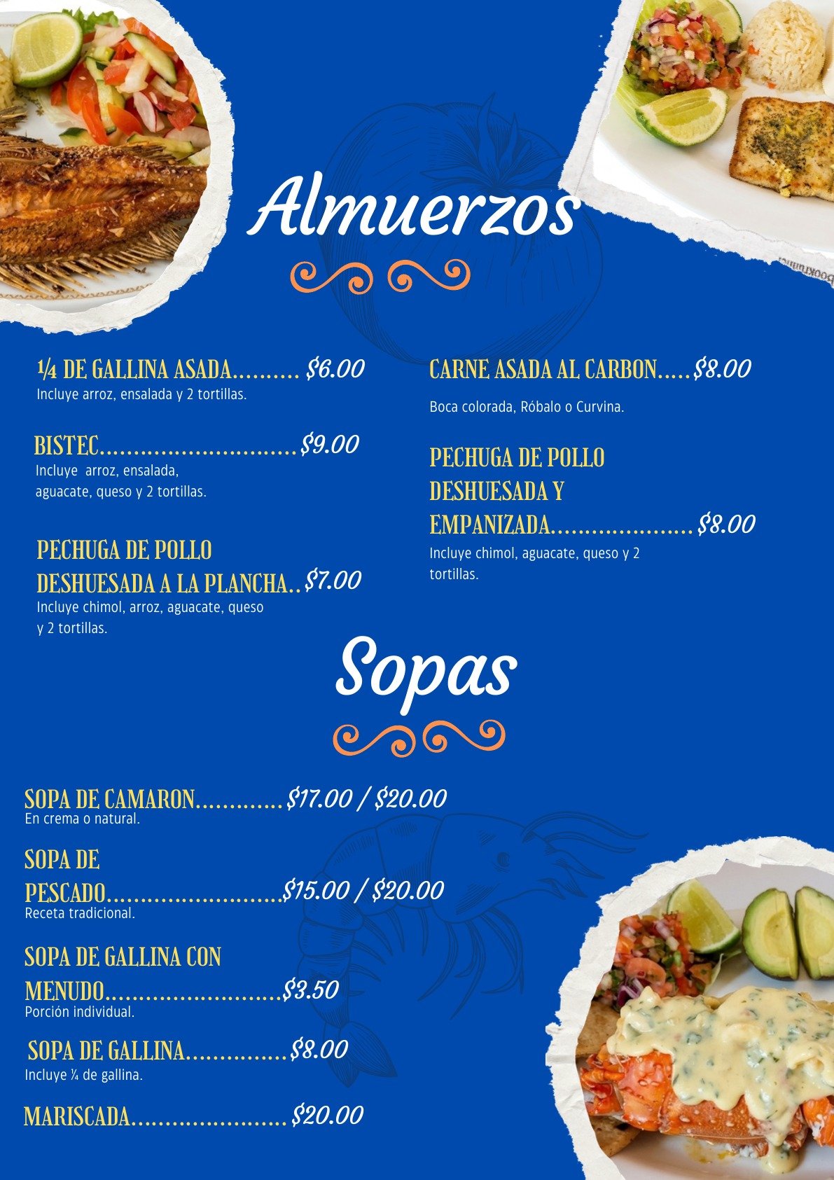 Carta de almuerzos y sopas de Conchódromo Cristy