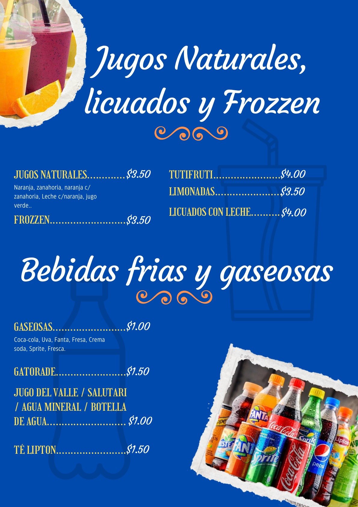 Carta de jugos, licuados, frozen y bebidas frías de Conchódromo Cristy